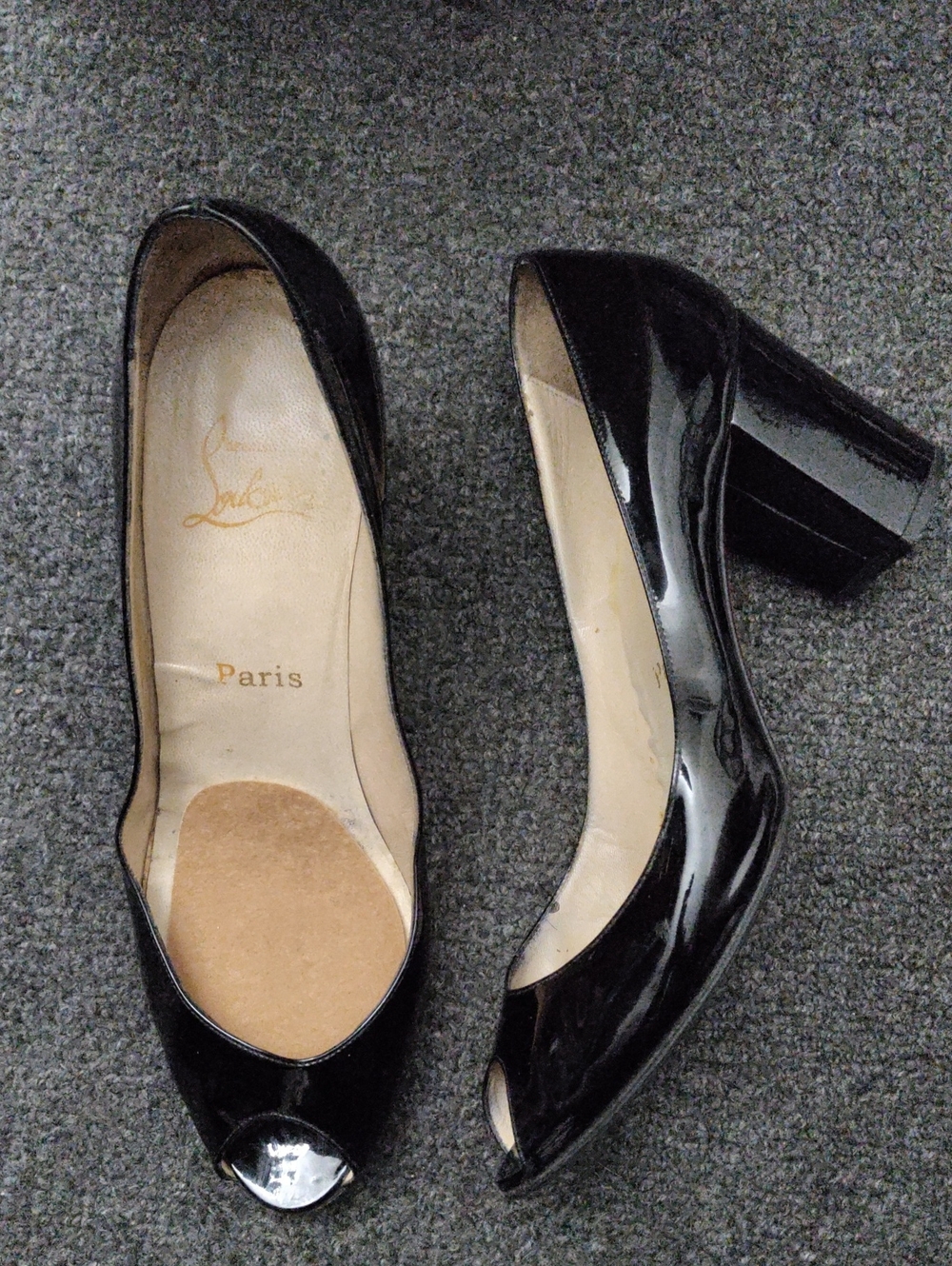Christian Louboutin Black Patent Peep-Toe Block Heels